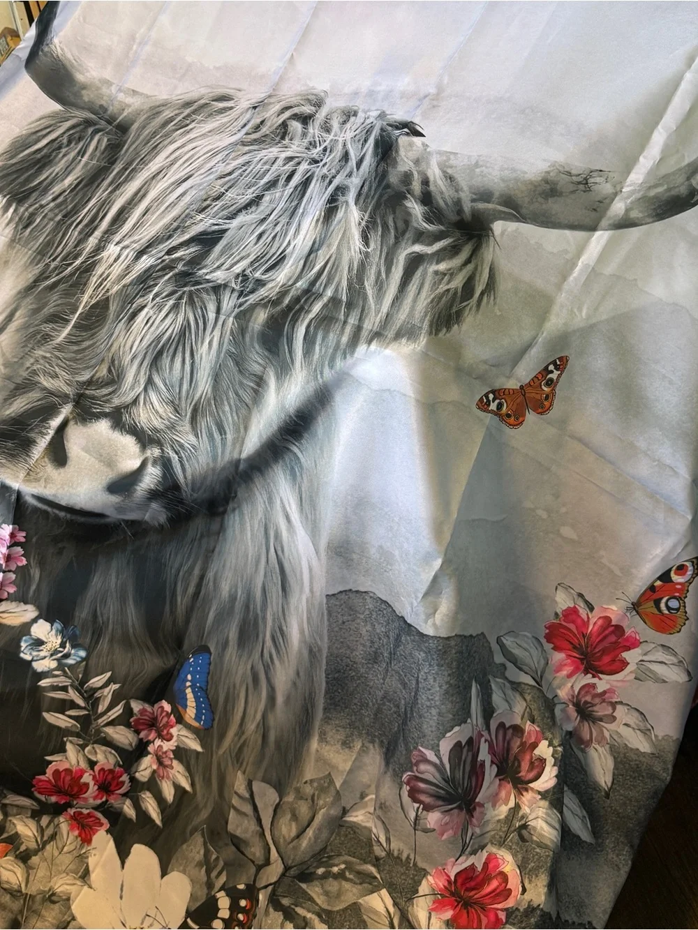 Grey Highland Cow Shower Curtain with Floral & Butterfly Accents